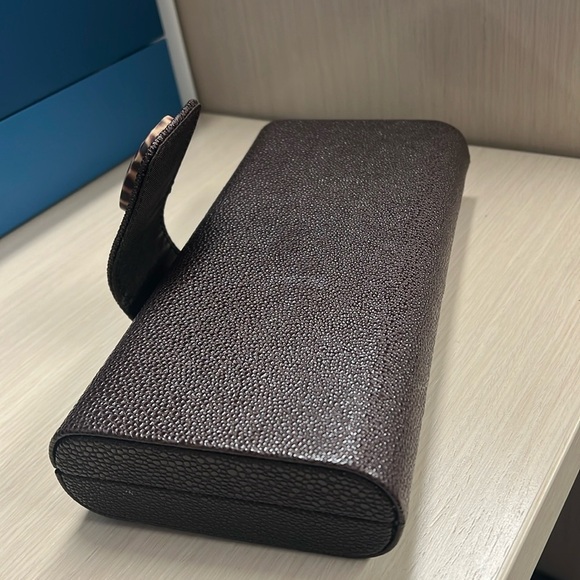 Laura Mercier Brown Pebbled Hardshell Structured Clutch Bag - Picture 7 of 8